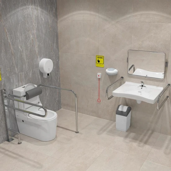 Унитаз с поручнями с системой вызова помощи с раковиной с зеркалом