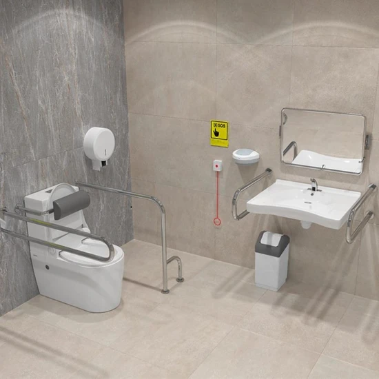 Унитаз с поручнями с системой вызова помощи с раковиной с зеркалом
