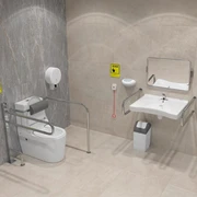 Унитаз с поручнями с системой вызова помощи с раковиной с зеркалом