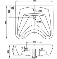 Схема раковины для инвалидов с изогнутой формой и отверстием под смеситель