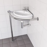 Раковина угловая с опорным поручнем прикрепленная к стене для инвалидов